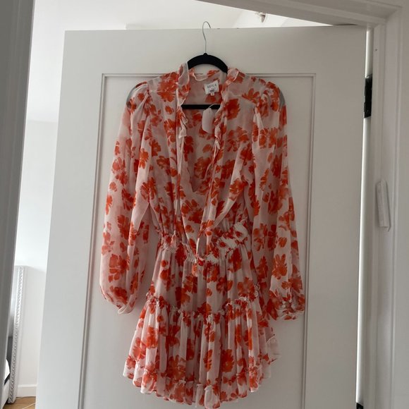 Misa Los Angeles Lorena Blouson Mini Dress Medium Orange Floral Print V-neck - Picture 6 of 13